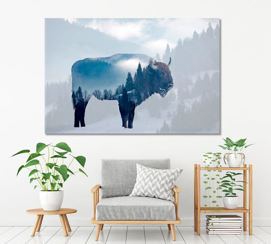 DOUBLE EXPOSURE Wild Bison Buffalo Foggy Pine Forest Wild Life Framed Art Artesty