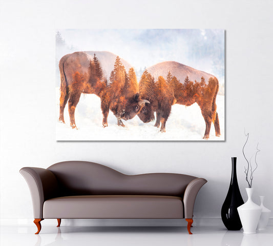Double Exposure Two Wild Bison Fighting And Pine Trees Wild Life Framed Art Artesty