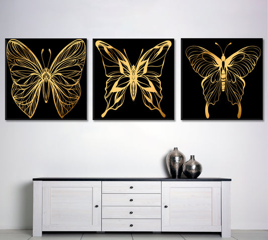 Gold Butterflies Set of 3 Tropical, Exotic Art Print Artesty Set of 3 Panels 36"x12"