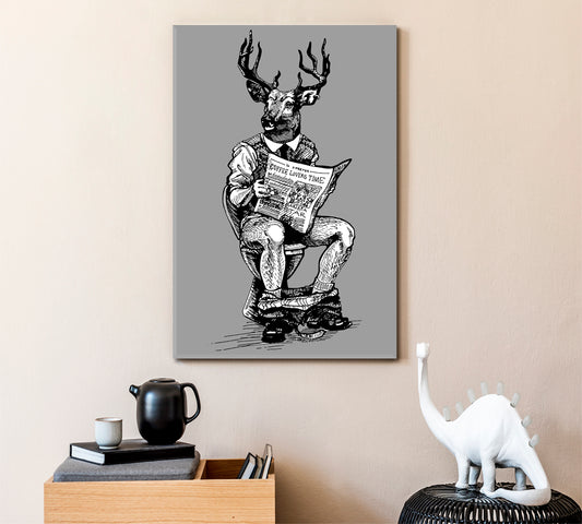 HIPSTER Deer Man Sitting On Toilet Black and White Wall Art Print Artesty