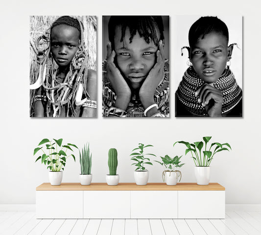 SET OF 3 Beautiful African Girls Traditional Headdress Necklace People Portrait Wall Hangings Artesty