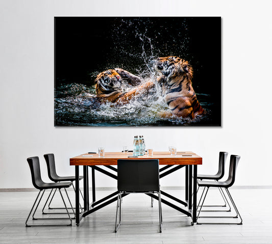 WILD CAT Two Tigers Fighting In Water Animals Canvas Print Artesty 1 panel 24" x 16"