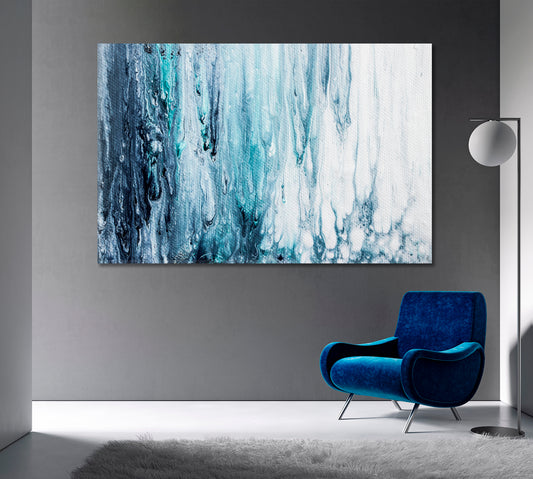 Weeping Paint Blue And White Colors Fluid Art, Oriental Marbling Canvas Print Artesty