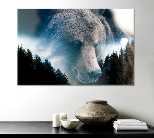 Wild Bear And A Pine Forest Double Exposure Photo Art Artesty