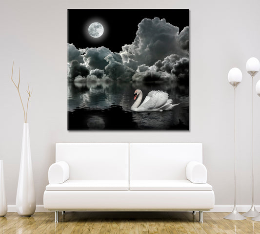 White Swan At Night Under The Moon Fine Art Artesty