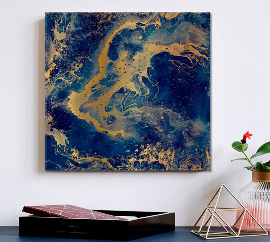 Abstract Marble Blue Yellow Color Stains Fluid Art, Oriental Marbling Canvas Print Artesty