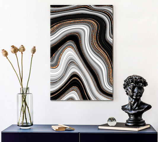 Black White Marble Fluid Art Abstract Agate Fluid Art, Oriental Marbling Canvas Print Artesty