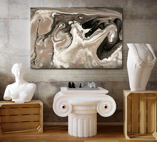 Brown Pearlescent Сream Gold Fluid Art, Oriental Marbling Canvas Print Artesty
