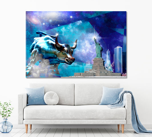 Charging Bull Sculpture and Statue of Liberty Cities Wall Art Artesty