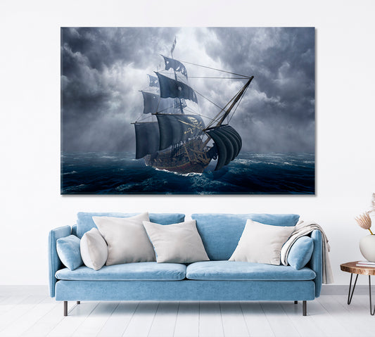 Pirate Ship on Stormy Sea Kids Room Canvas Art Print Artesty