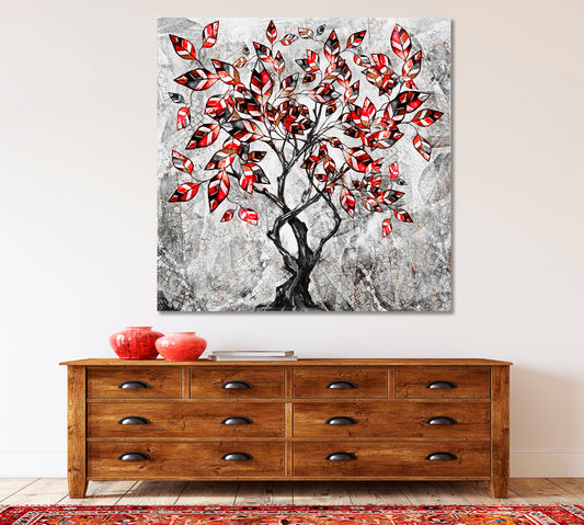 Stylized Tree Modern Abstract Red Black and White Abstract Art Print Artesty 1 Panel 12"x12"