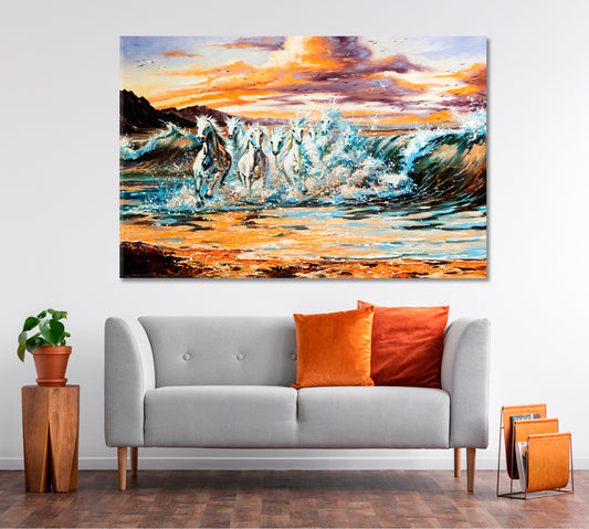 The Horses Running From Waves Animals Canvas Print Artesty