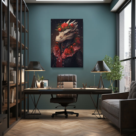 Festive Dragon Portrait, Holiday Fantasy Decor, Mythical Beast Ideal Gift for Fantasy Lovers Abstract Art Print Artesty