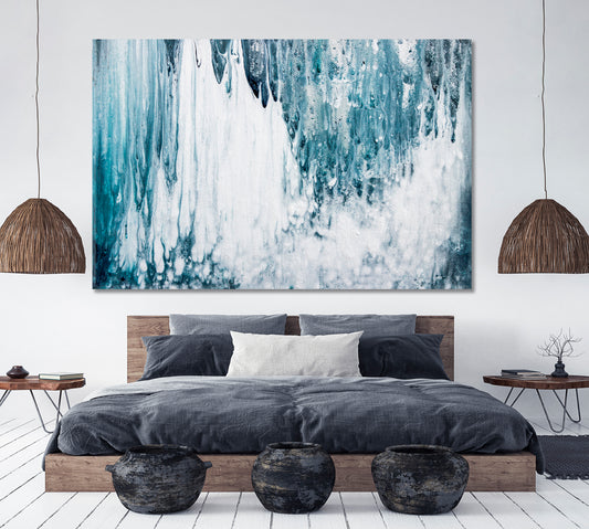 Rainy Paint Blue And White Abstraction Fluid Art, Oriental Marbling Canvas Print Artesty 1 panel 24" x 16"