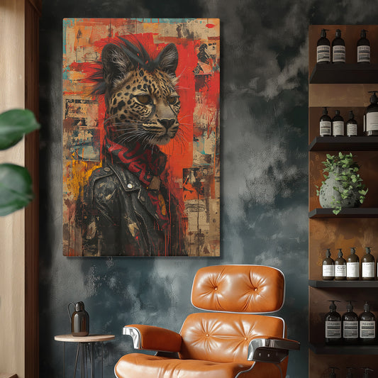 Leopard in Leather Jacket Punk Style Canvas Prints Artesty 1 Panel 16"x24"