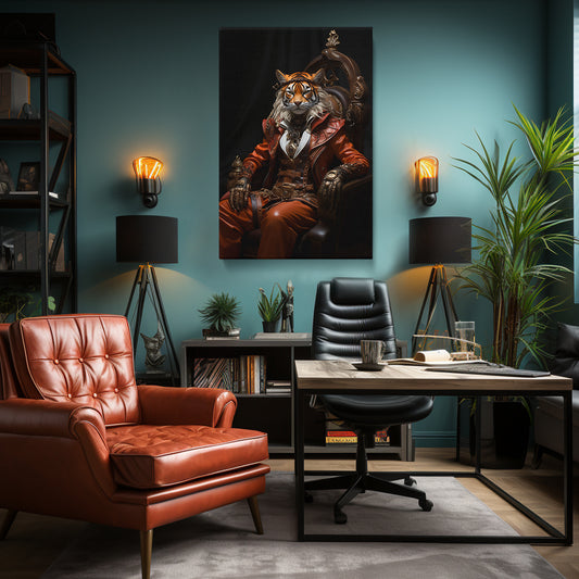 Tiger in Fashionable Ensemble, Chic Animal Elegance Wall Art Abstract Art Print Artesty