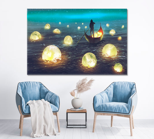 SURREAL Night Scenery Man Rowing Boat Glowing Moons Floating Sea Surreal Fantasy Large Art Print Décor Artesty