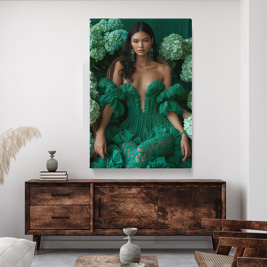 Floral Portrait Beautiful Woman in Green Dress Canvas Prints Artesty