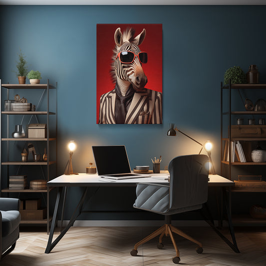 Chic Zebra in Pinstripe Suit, Quirky Animal Art Abstract Art Print Artesty