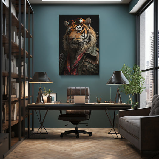 Stylish Tiger in Aviator Glasses, Jungle Animal Artwork Abstract Art Print Artesty 1 Panel 16"x24"