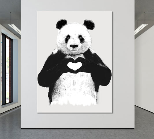 Black and White Panda With Hands Heart Office Wall Art Canvas Print Artesty