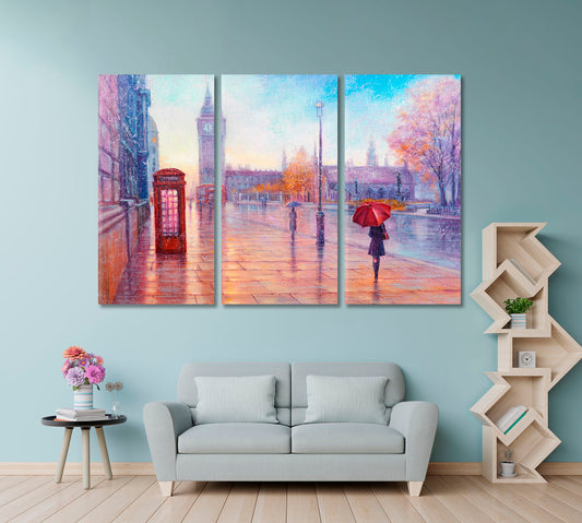 London Rain Big Ben England City Landscape Cities Wall Art Artesty 3 panels 36" x 24"