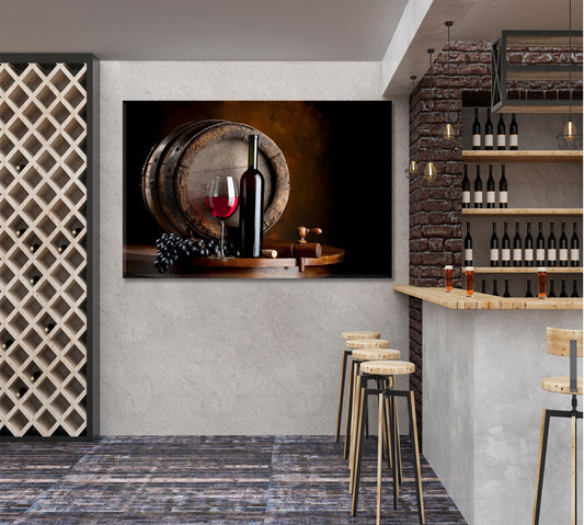 STILL-LIFE Old Vintage Barrel Red Wine Bottle Restaurant Modern Wall Art Artesty