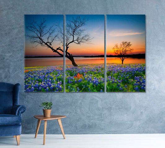 Texas Spring Bluebonnet Cities Wall Art Artesty 3 panels 36" x 24"