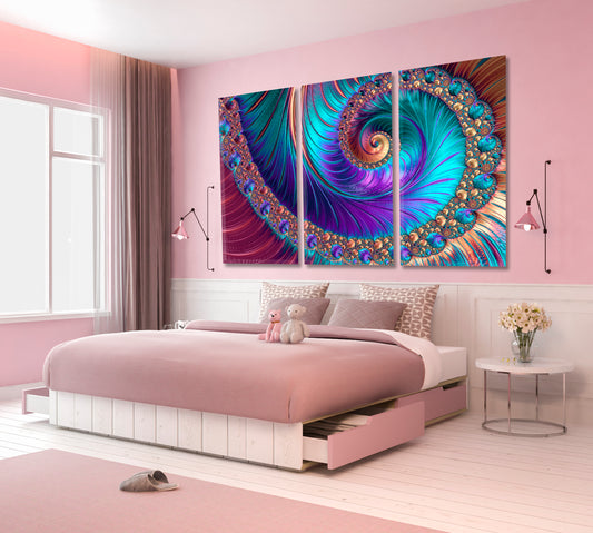 Fractal Purple Pattern Modern Vivid Abstract Spiral Swirls Contemporary Art Artesty 3 panels 36" x 24"