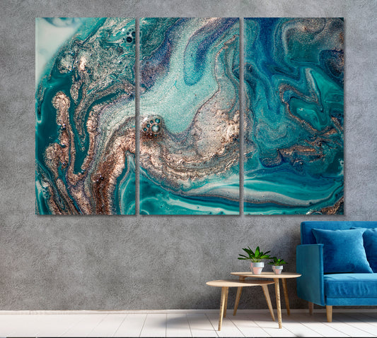 Marble Blue Lagoon Fluid Art, Oriental Marbling Canvas Print Artesty 3 panels 36" x 24"