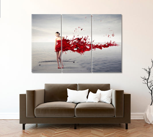 LADY IN RED Beautiful Woman on Pier Vintage Affordable Canvas Print Artesty 3 panels 36" x 24"