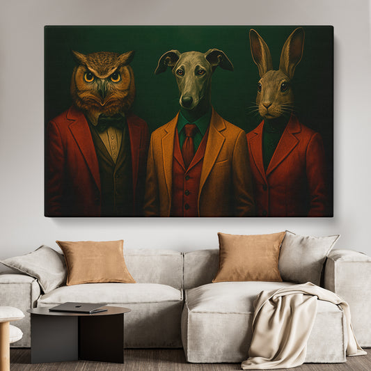 Owl, Dog, and Rabbit in Suits Animals Canvas Print Artesty