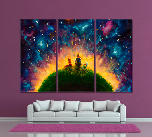 Fairy Tale Fantasy Little Prince Fox And Red Rose Kids Room Canvas Art Print Artesty 3 panels 36" x 24"