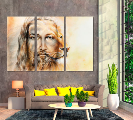 Eye Contact Jesus Christ And Lion Double Face Religious Modern Art Artesty 3 panels 36" x 24"