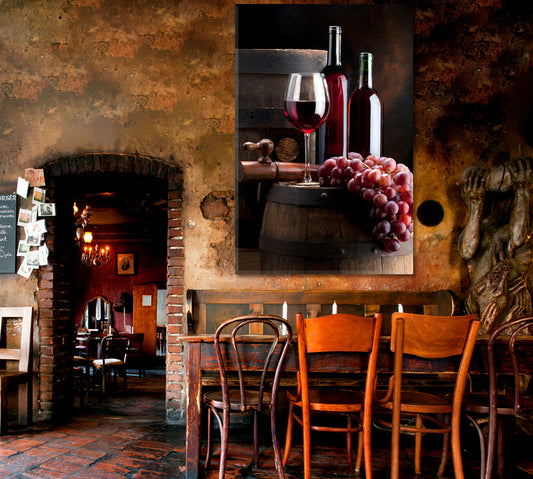 Still Life Red Wine Bottle Cluster Old Vintage Barrel Restaurant Modern Wall Art Artesty