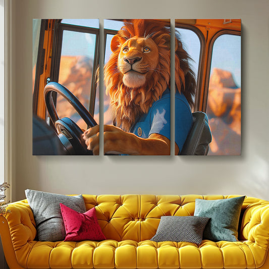 Lion School Bus Driver Animals Canvas Print Artesty 3 panels 36" x 24"