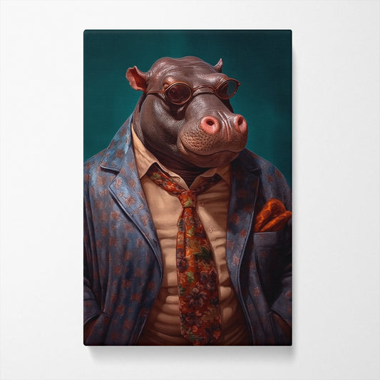 Hippo in Blue Blazer and Floral Tie Canvas Prints Artesty