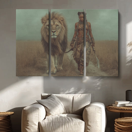 African Warrior Woman and Lion Animals Canvas Print Artesty