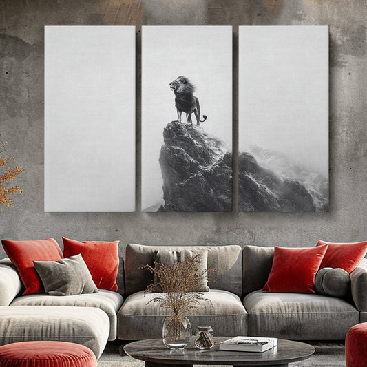 Black and White Lion on Cliff Animals Canvas Print Artesty 3 panels 36" x 24"