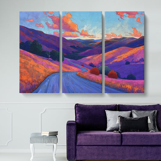 Colorful Winding Road Through Hills Animals Canvas Print Artesty