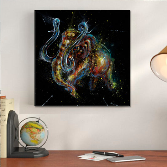 Golden Mammoth Representing Wealth Fantasy Animal Drip Paint Vivid on Black Canvas Print - Square Panel Contemporary Art Artesty