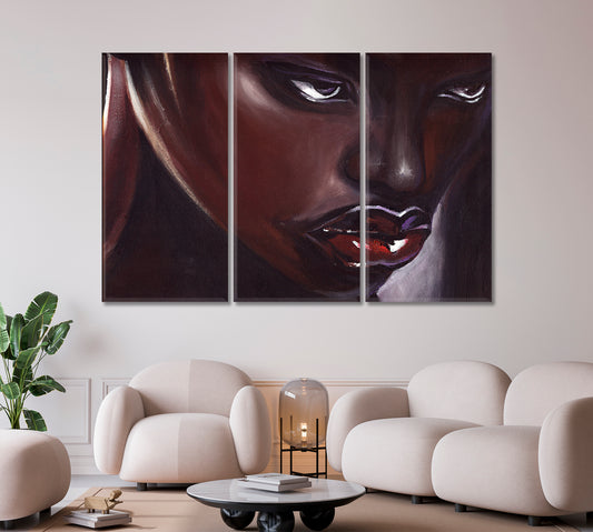 RED LIPS African American Woman Beautiful Black Girl Striking Eye-catching African Style Canvas Print Artesty 3 panels 36" x 24"