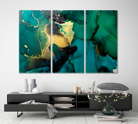 Luxury Abstract Fluid Art Painting Alcohol Ink Green and Gold Fluid Art, Oriental Marbling Canvas Print Artesty 3 panels 36" x 24"
