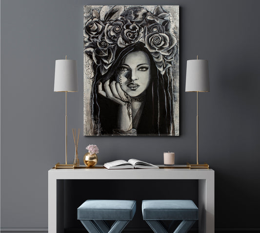 GIRL WITH CROW FLOWERS Beautiful Woman - Vertical 1 panel Black and White Wall Art Print Artesty