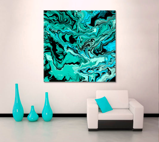 MARBLING Abstract Turquoise Black Waves Fluid Art, Oriental Marbling Canvas Print Artesty