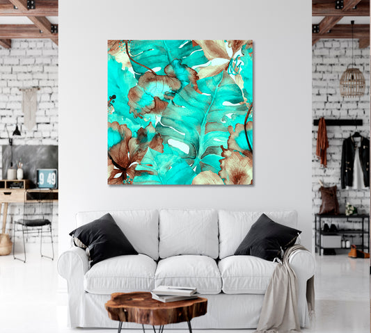 SUMMER HAWAIIAN Turquoise Green Watercolor Tropical Leaves Tropical, Exotic Art Print Artesty