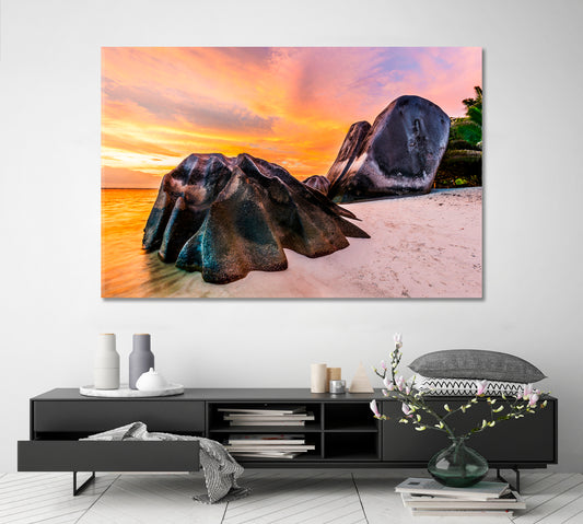 SEYCHELLES ISLAND Shaped Granite Boulders Sunset White Beach Scenery Landscape Fine Art Print Artesty
