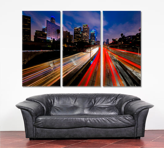ROADS TRAILS Streaked Car Lights Road To Downtown Los Angeles Cities Wall Art Artesty 3 panels 36" x 24"