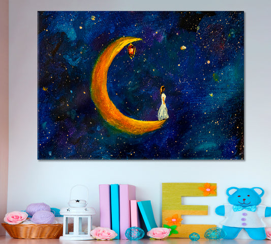 Girl on Big Moon Space Fabulous World Modern Art Impressionism Abstract Landscape Canvas Print Fine Art Artesty