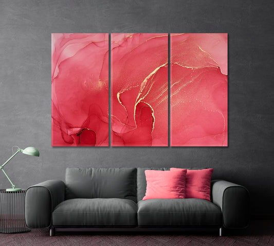 CERISE Pink Red Tones Abstract Fluid Ink Colors Fluid Art, Oriental Marbling Canvas Print Artesty 3 panels 36" x 24"